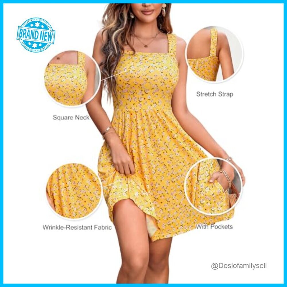 Sleeveless Square Neck A-Line Sundress with Pockets High Waist Midi Casual - Picture 5 of 7